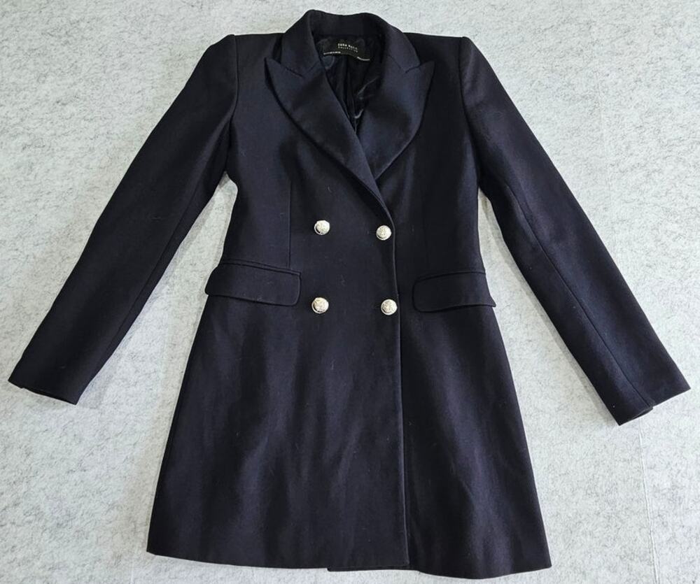 Zara Double Breasted Mini Blazer Dress or Long Blazer Gold Button Blue Sz XS NEW